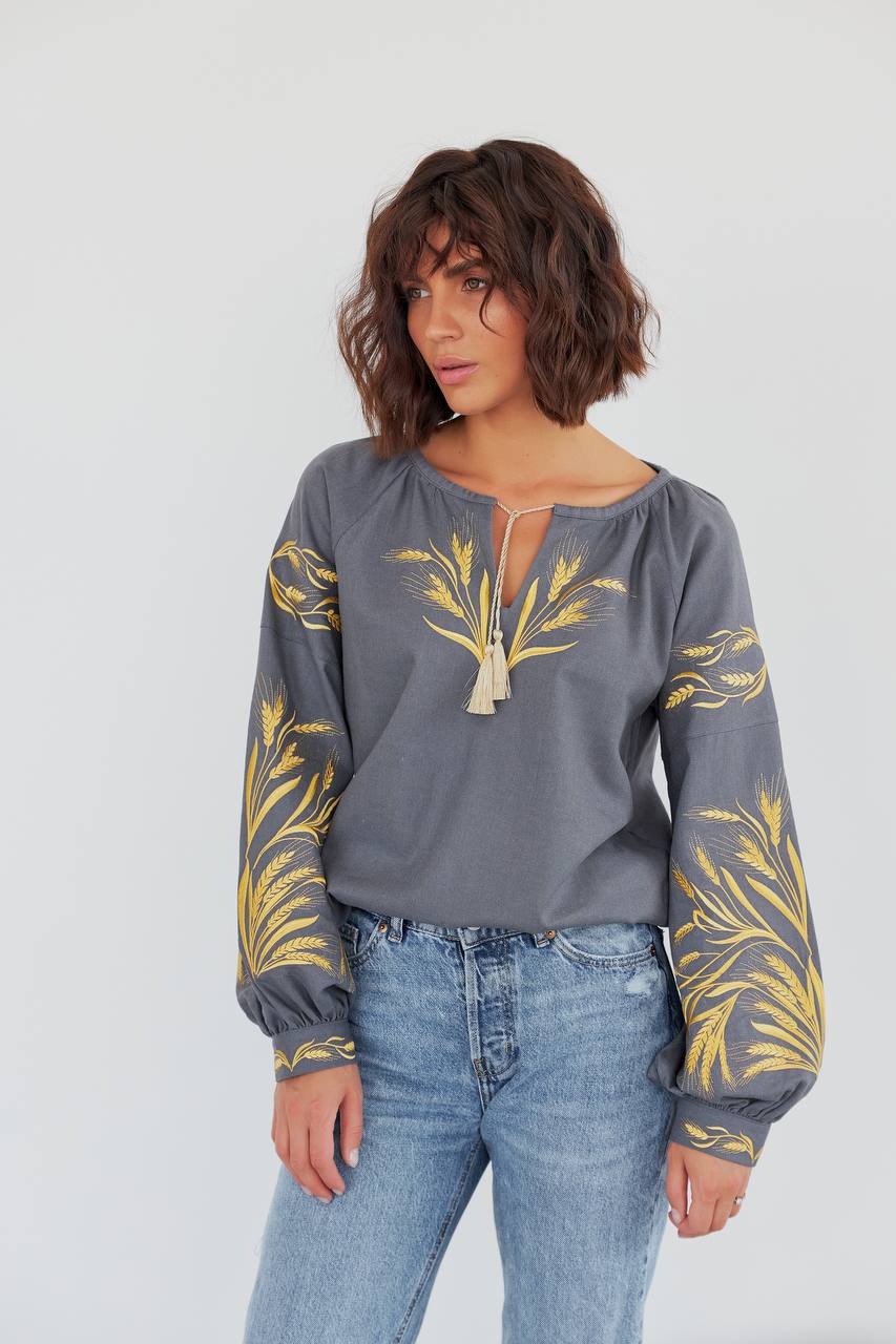 Жіноча вишиванка Колосся (сіра)