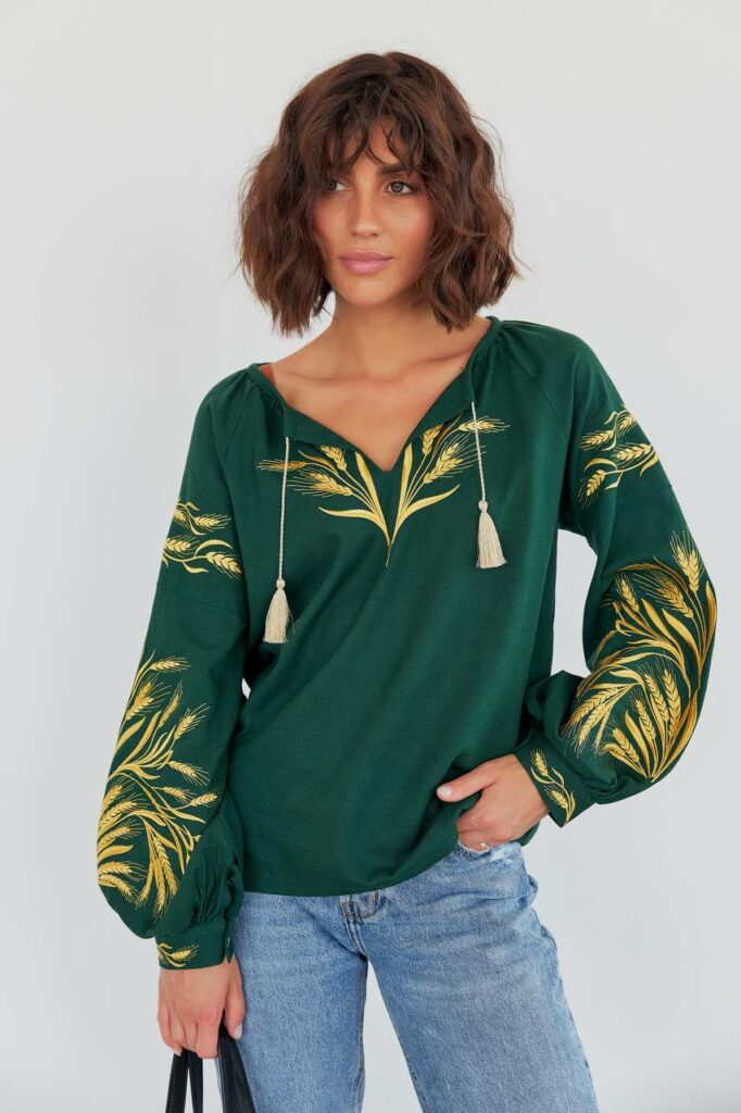 Жіноча вишиванка Колосся (зелена)