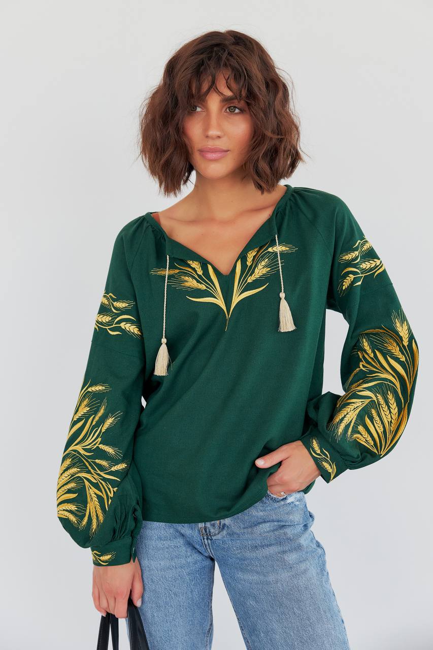 Жіноча вишиванка Колосся (зелена)