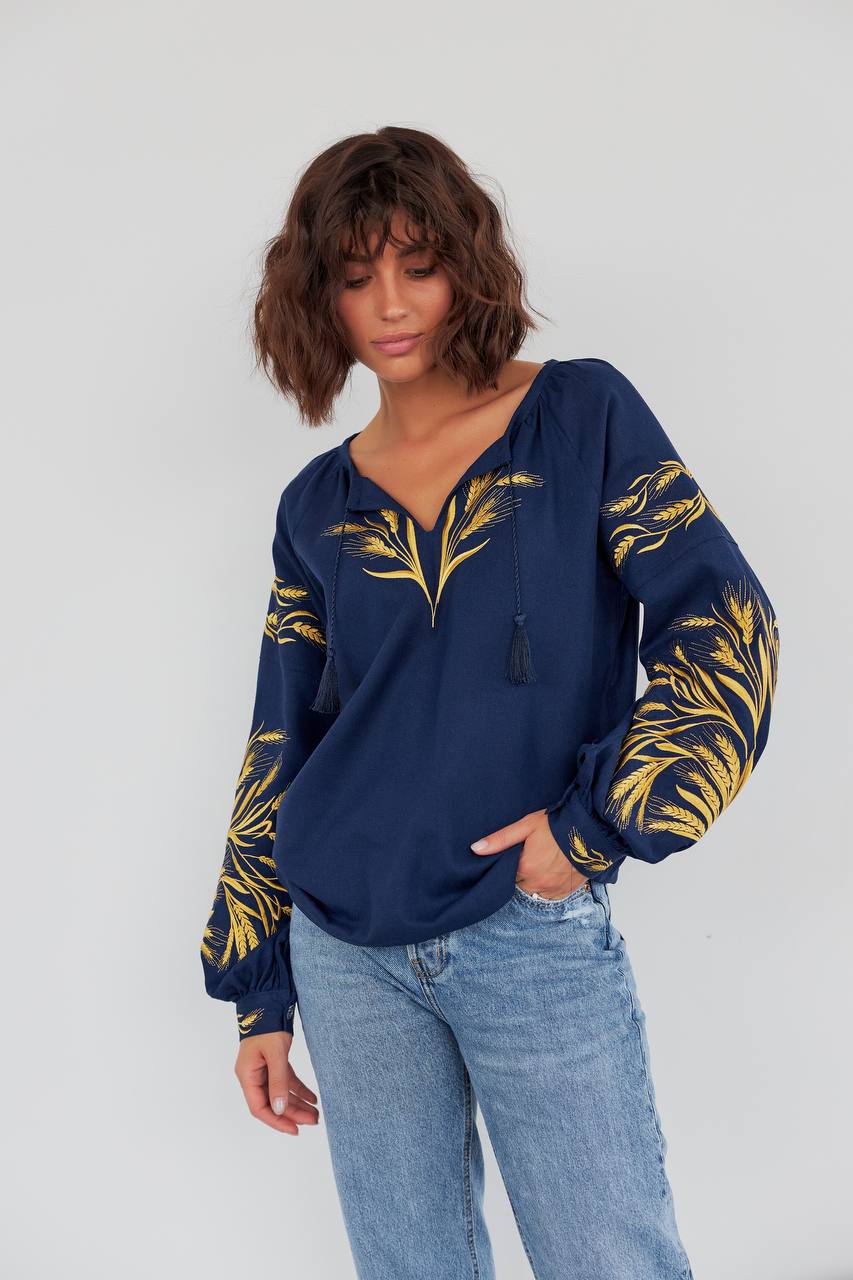 Жіноча вишиванка Колосся (темно-синя)