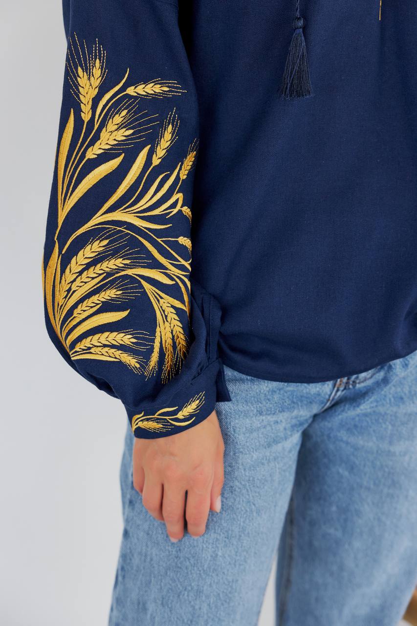 Жіноча вишиванка Колосся (темно-синя) hover image