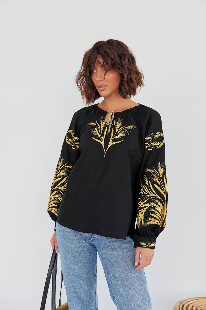 Жіноча вишиванка Колосся (чорна)