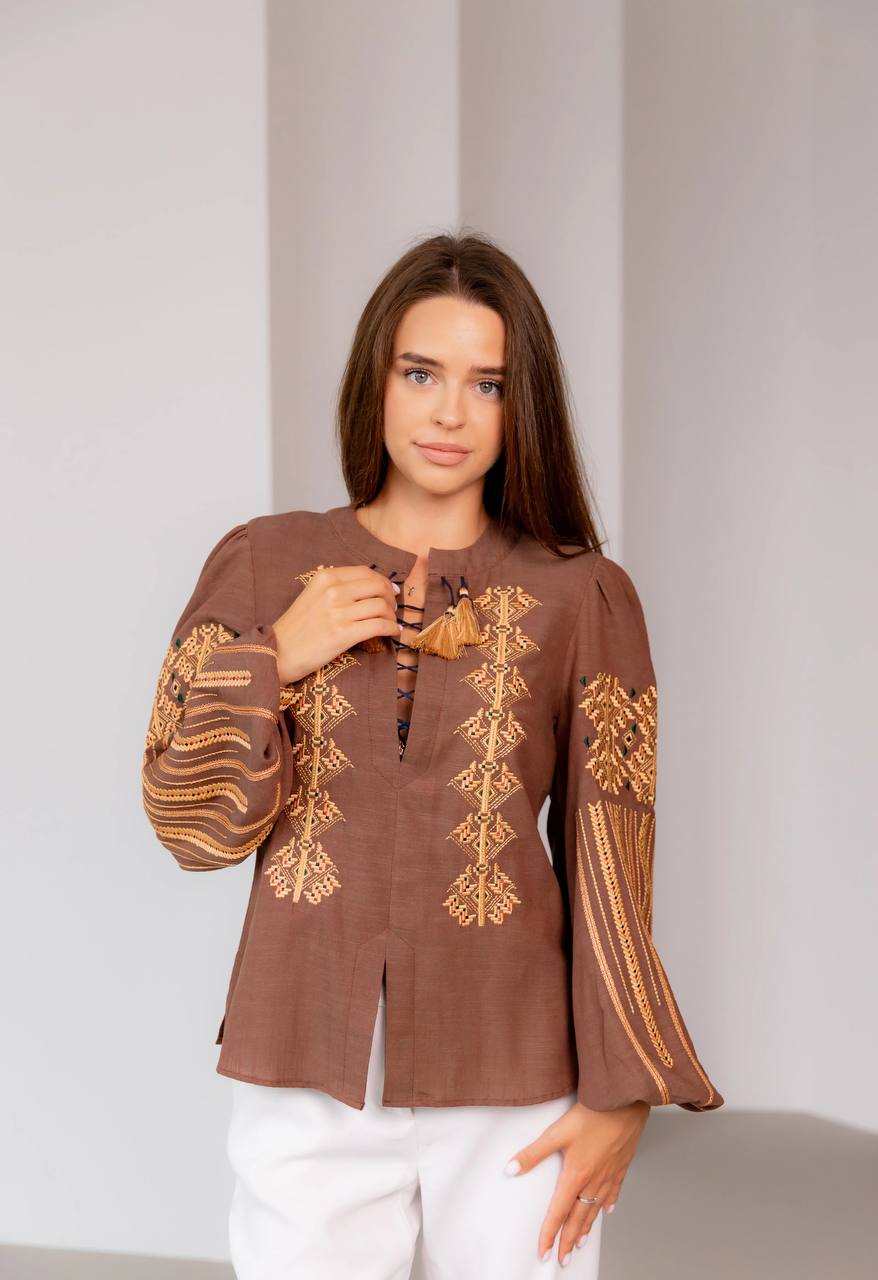 Жіноча вишита сорочка Залісся (коричнева) hover image