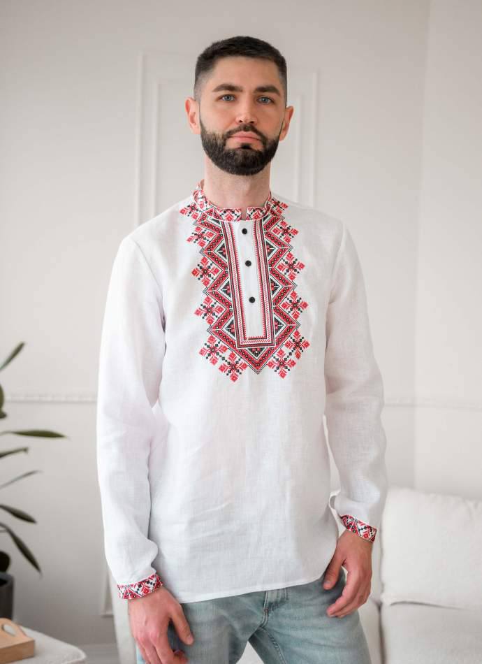 Чоловіча вишиванка Червона рута (біла)