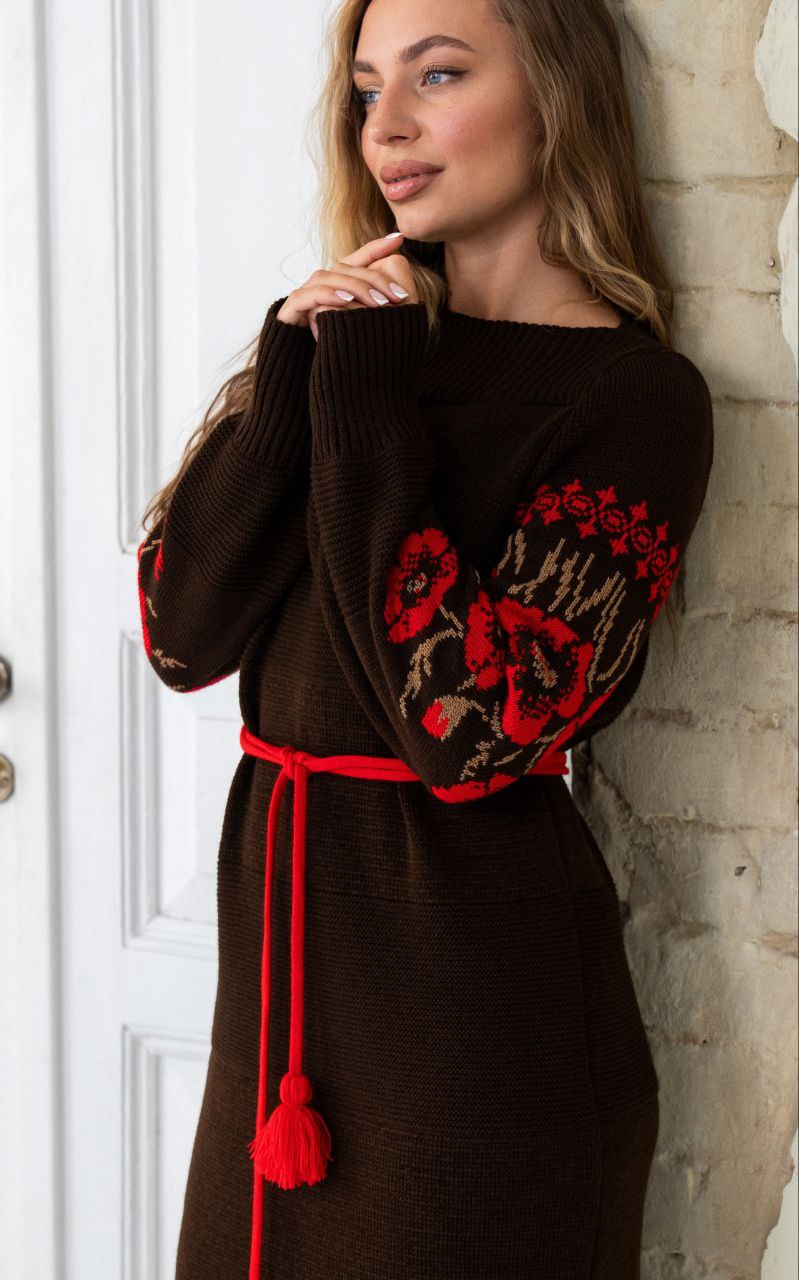 В’язана сукня Маки  (шоколадна з червоним)