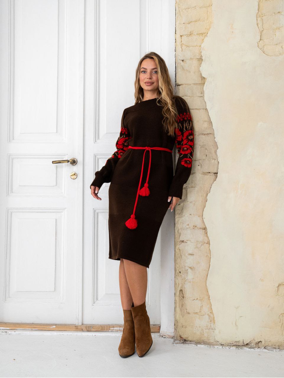 В’язана сукня Маки  (шоколадна з червоним)
